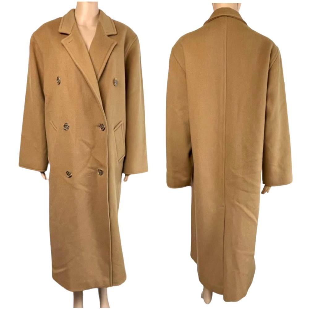 Calvin Klein Womens Wool Trench Coat Camel 12-14 XL Heavy Long Double Breasted